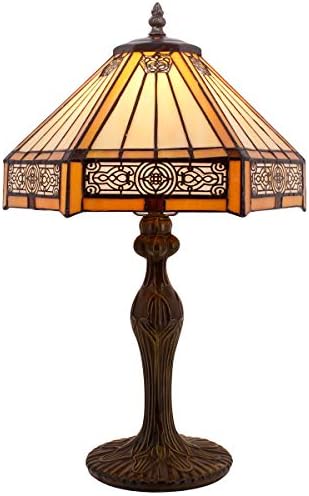WERFACTORY Tiffany Lamp Yellow Hexagon Stained Glass Mission Style Table Lamp Desk Bedside Reading Light 12X10X18 Inches Decor Bedroom Living Room Home Office S011 Series