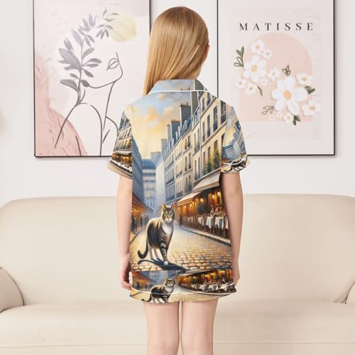 ALAZA Paris Street Cat Kitten Satin Pajamas Set Short Sleeve Button Down Sleepwear Summer Pjs 2 Piece4