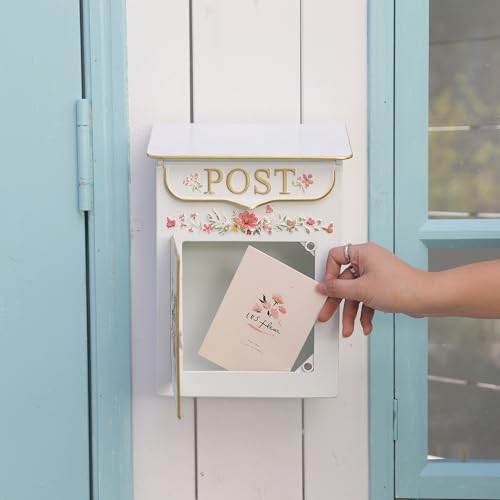 Image of Mailbox Wall Mount Mailboxes for Outside Vintage Mail Boxes for House Outside Metal Drop Box Antique Style Nostalgic Charm Home Decorative, Flower Pattern White