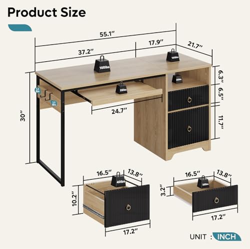Image of Bestier 55 Inch Office Desk with Fluted Panel & Keyboard Tray, Natural Oak | 55 X 22 In Work Surface, File Drawer, Reversible Pedestal, Fluted Panels And Keyboard Tray For Home Office Storage.