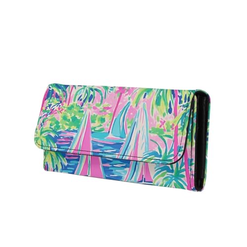 Jolamirel Sea Sailboat Print Long Wallet for Women Pop Art Painting Billfold Wallet Clutch, Island Palm Painted Credit Card Holder Vegan PU Leather Money Organizer Snap Closure