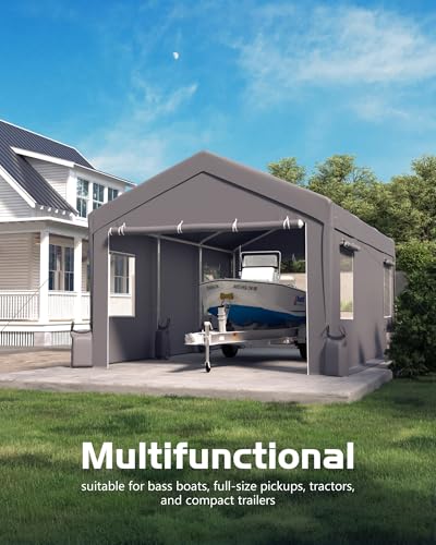12x20 ft Carport, Heavy-Duty Portable Garage with 200G Canopy Top and 200G Sidewalls, with Sandbags and Ground Stakes for Outdoor Shelter, for for All Kinds of Vehicles, Grey