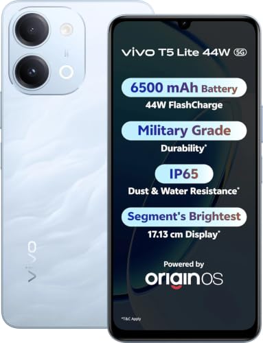Image of vivo T5 Lite 44W 5G (Wave Blue, 6GB RAM, 128GB Storage) | MediaTek Dimensity 6300 5G Processor | 50MP AI Dual Rear Camera | 5MP Front Camera | 6.74-inch Display | 6500mAh Battery |