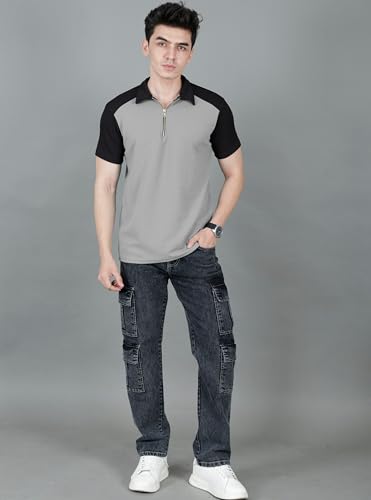 Image of London Hills Men's Loose Fit Half Sleeve Color Block Polo T-Shirt with Zip Collar | Premium Polyester Fabric | T Shirt for Man | Tshirt | Shirts Men | Tshirt for Man | Men T-Shirts