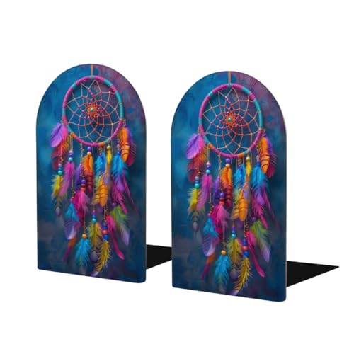 (2 PCS/1 Pairs) Wood Bookends Dreamcatcher Colorful Decorative Wood Bookends for Student School Shelves Kids Room Desk Home Office Book Stoppers for Holiding Books 5x3 Inch