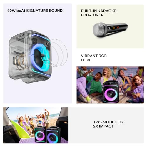 Image of boAt 2026 Launch PartyPal 230 with Karaoke Auto Tuner, 90W Output, 1 UHF Wireless Microphone, Vibrant RGB LEDs, App Support, TWS Mode & Multi-Compatibility Bluetooth Party Speaker (Charcoal Black)