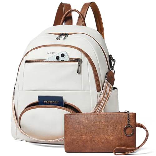 Image of Leresas 35L Backpack Purse for Women Men Vegan Leather Backpack College Teacher Computer Business Work Bag Fashion Travel Backpack Beige