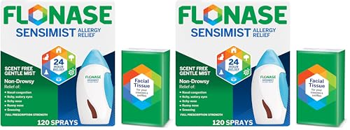 Image of Flonase Sensimist Allergy Relief Nasal Spray - Non-Drowsy 24HR Long Lasting Allergy Relief with Fine, Scent-Free Mist - 120 Sprays Plus Bonus Pack of Tissues (Pack of 2)