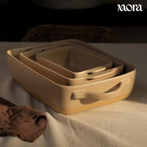 Image of Mora Ceramic Baking Dish with Handles For Casserole, Lasagna, Gratin, Broiling, Roasting, and Baking. Large 9x13 in Pan, Extra Deep - Porcelain Serving Bakeware from Oven to Table. Freezer Safe - Mushroom