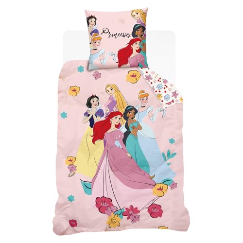 Disney - Housse de Couette Princesses - 140x200 cm + 1 taie d'oreiller - 100% Coton - Beige