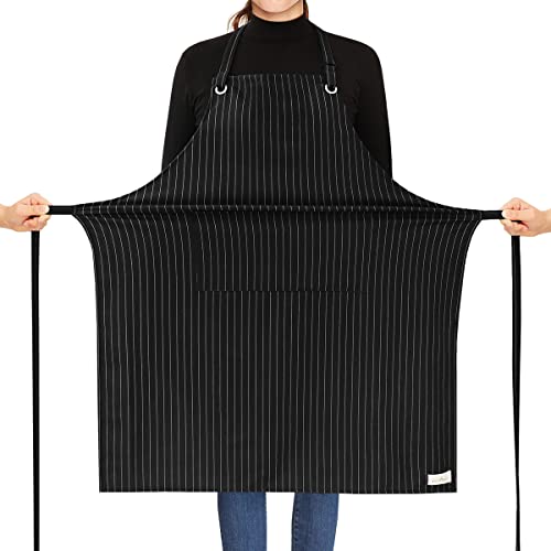Image of ROTANET Stripe Stretch Apron for Men Women Chef Big and Tall Large Striped Aprons with Pockets for Kitchen Cooking Waterproof Black