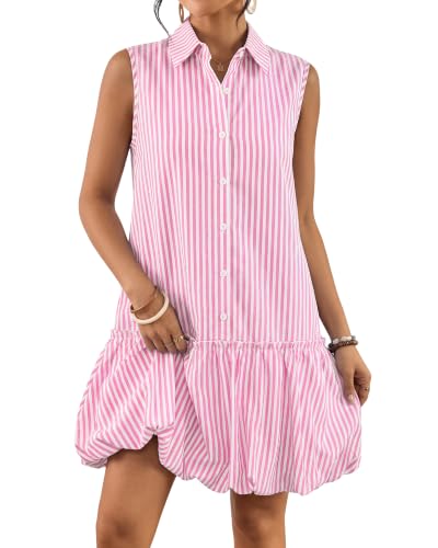 Image of Bsubseach Womens Casual Summer Dresses Sleeveless Linen Bubble Mini Short Dress Button Down Shirt Sundress with Pockets
