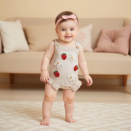 Newborn Infant Baby Girl Clothes Strawberry Embroidery Sleeveless Knit Ruffle Romper Sweater Overalls Bodysuit4