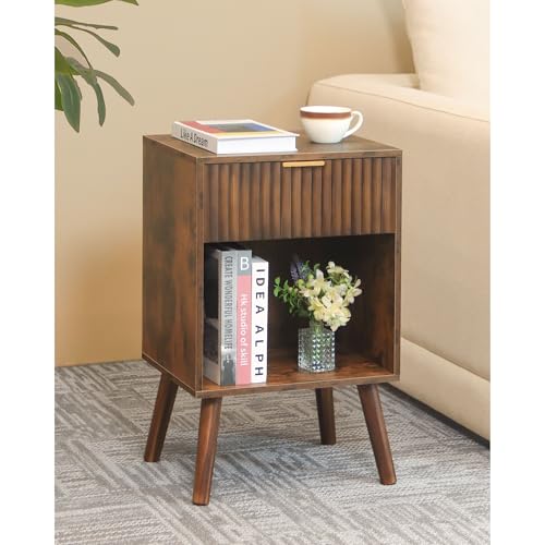 Fultyle Mid Century Modern Nightstand, Wood Bedside Table with Drawer and Opening Storage, End Table Living Room Fluted Night Stand with Solid Wood Legs for Bedroom (Rustic Brown)