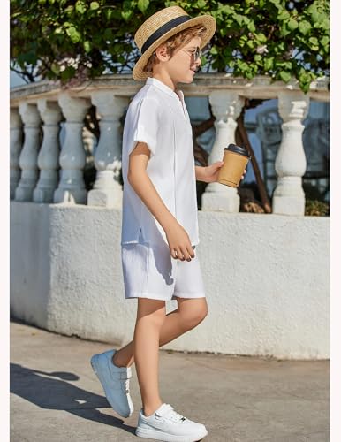 Image of Arshiner Boy's 2 Pieces Linen Sets Short Sleeve Henley Shirt and Shorts Summer Beach Matching Outfits 4-12 Years