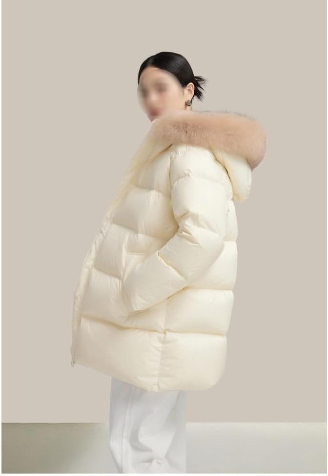 Women's White Duck Down Jacket Hooded Loose and Warm Thickened Outdoor White Down Jacket