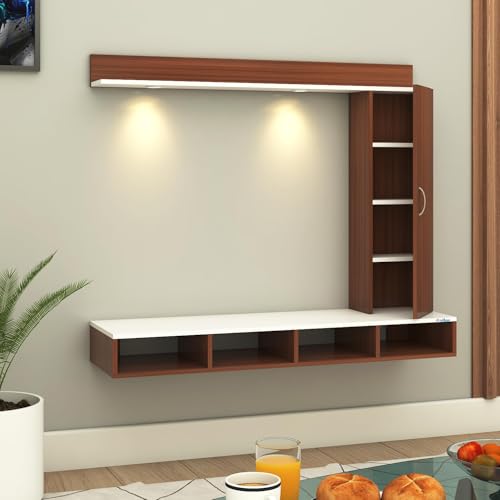 Image of Anikaa Dorex Engineered Wood Wall Mounted TV Unit with LED Lights, Storage Cabinet & Display Shelf for Living Room | Ideal for Upto 55 Inch TV- Walnut /White(DIY Installation)