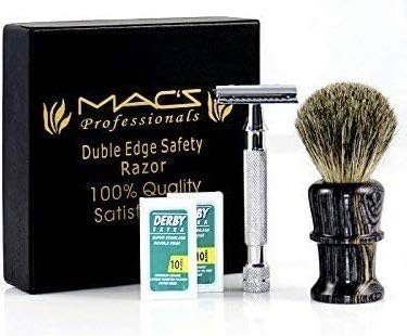 MACS PROFESSIONAL- Safety Razors Set -Include Shaving Brush-with 20 Derby Blades-Chrome Finish 4Inch Long Handle -Rust Free and Unbreakable-Complete Set-2048