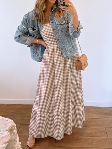 Image of Caracilia Womens Maxi Dresses Gingham Spaghetti Strap Back Smocked Flowy Long Sundress Summer Beach Vacation Clothes 2026