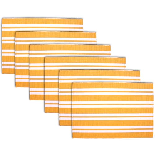 Image of Encasa XO Dining Table Mats Set of 6, 46x32 cm | Handmade Franca Yellow Stripes Ribbed Cotton Table Mat | Heat-Resistance Table Placemats, Non-Slip, Washable & Durable Place mat for Dining Table
