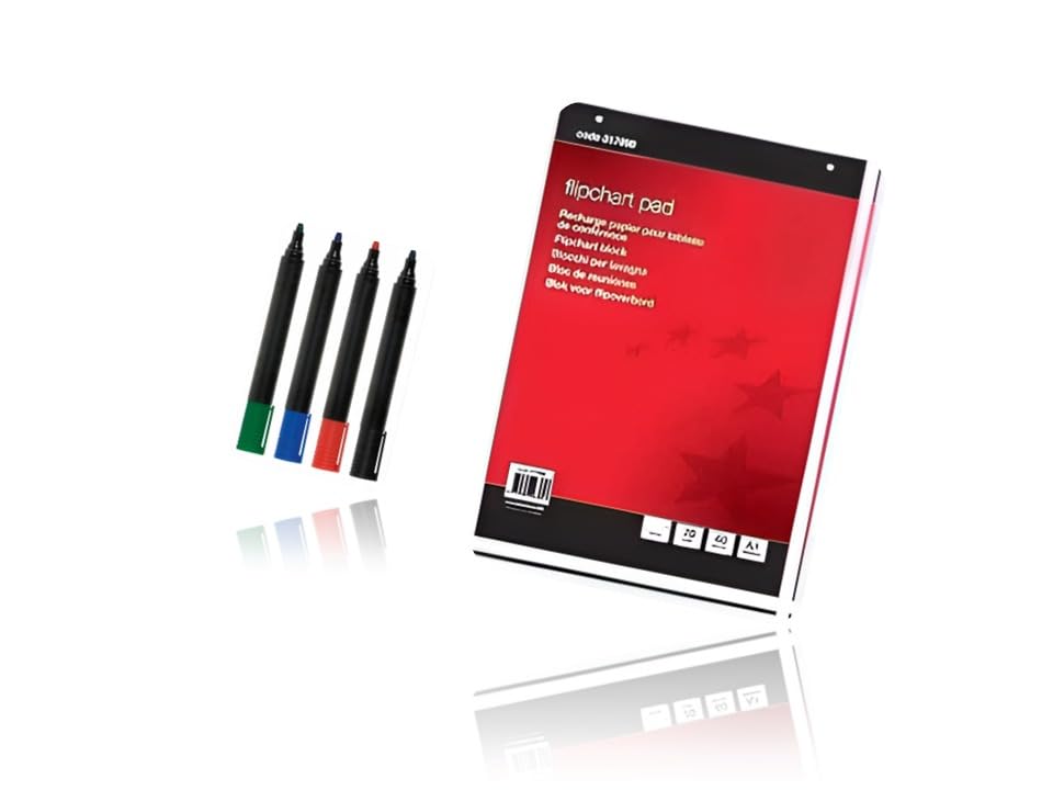 “A1 Flipchart Pad 70 GSM Plain Paper, Perforated & 2-Hole Punched, 40 Sheets with Bullet Tip Flipchart Marker Pens (Pack of 4) – For Presentation, Office, School & Training”