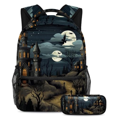 Cartable château d'Halloween original, ensemble sac à dos et trousse, cadeau de rentrée idéal