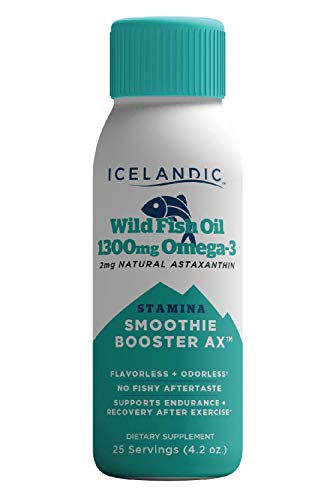 Icelandic Wild Fish Oil Liquid, Stamina Smoothie Booster 1300mg Omega 3, 2mg Astaxanthin, Flavorless, Keto Friendly, Gluten and Dairy Free, Non-GMO, 4.2oz Bottle, 25 Servings