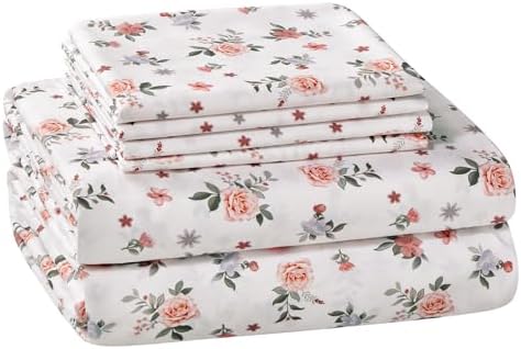 BYSURE Queen Sheet Set 6 Pieces (Orange Roses Floral), Cottage Core Botanical Patterned Sheets, Victorian Flower Microfiber Bedding Decor