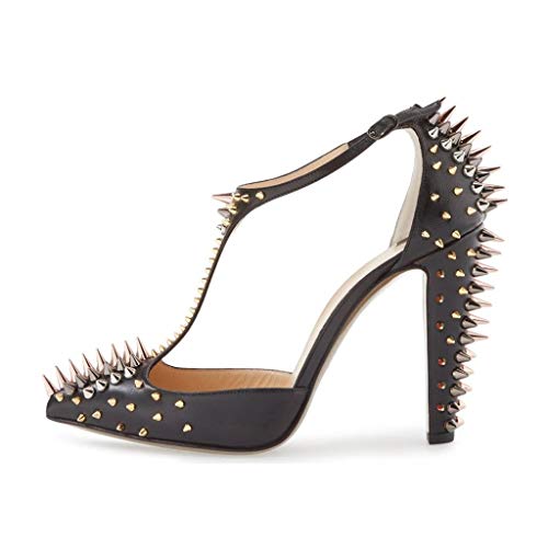 XYD Women's Fashion Rivets T-Strap Chunky Heel Pumps Pointed Toe Spikes Studded Nightclub Party D'Orsay Shoes2