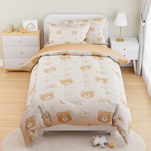 Image of SANDJEST Bear Comforter Set Full Size 98x86in for Kids Boys Girls Unisex, Microfiber 4 Pcs Bedding Set Includes 1 Comforter, 2 Pillowcases, 1 Fitted Sheet, Nursery Room Decor