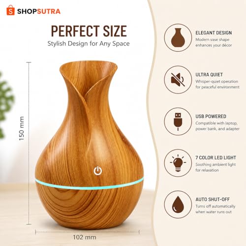 Image of Aroma Diffuser with LED Light - USB Powered Tabletop Mist Humidifier for Desk and Bedside Use (Wood Aroma Diffuser)