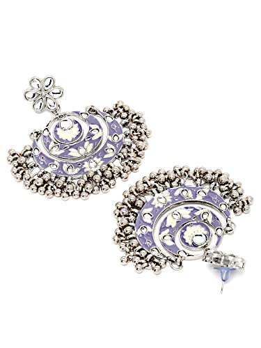 Karatcart Oxidised Silver Violet Meena Silver Ball Studded Kundan Chandbali Earrings for Women - Image 6