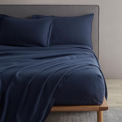DAPU Pure Linen Sheets Set, 100% French Linen from Normandy, Breathable and Durable for Hot Sleepers, 4 Pcs Set - 1 Flat Sheet, 1 Fitted Sheet, 2 Pillowcases (Navy Blue, Queen)