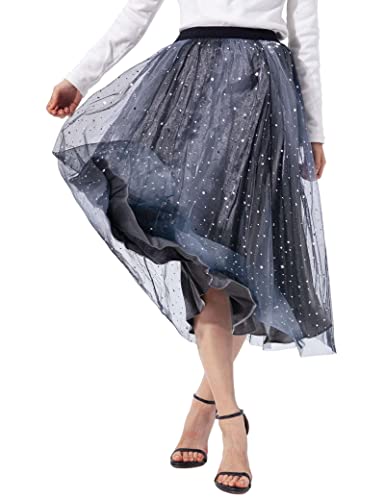 S・DEER Tulle Skirt for Women Midi Sequin Long Flowy Skirt Knee Length Elastic High Waist Cute Homecoming Dress