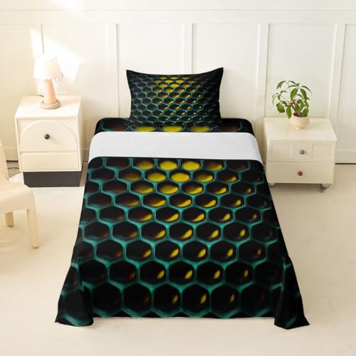 Homemissing Juego de sábanas con patrón de panal de abeja, tamaño individual, estampado geométrico hexagonal 3D, para niños y niñas, sábana bajera ajustable con bolsillo profundo, 3 piezas con 1 funda