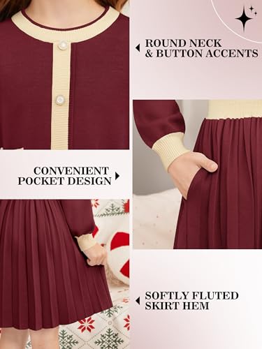 Girls Sweater Dress with Pockets, Crewneck Lantern Sleeve A-Line Striped Knit Warm Fall Winter Dress 5-14Y3