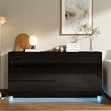 Kommode Schwarz Hochglanz mit LED Beleuchtung, Sideboard Schwarz Hochglanz 160cm mit 2 Türen und 3 Schubladen, Küchenschrank Buffets Anrichte, Buffetschrank Modern für Schlafzimmer Esszimmer Büros