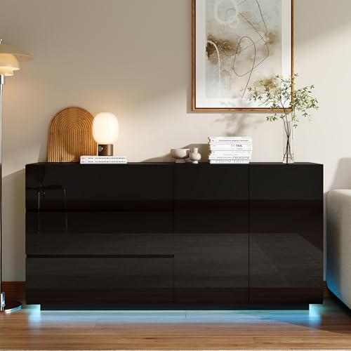 Kommode Schwarz Hochglanz mit LED Beleuchtung, Sideboard Schwarz Hochglanz 160cm mit 2 Türen und 3 Schubladen, Küchenschrank Buffets Anrichte, Buffetschrank Modern für Schlafzimmer Esszimmer Büros