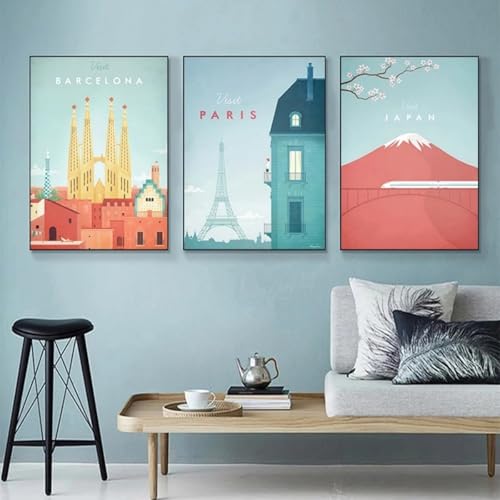 Toile imprimée paysage urbain rétro lot de 3 tableaux vintage Paris Barcelone Japon 30x40