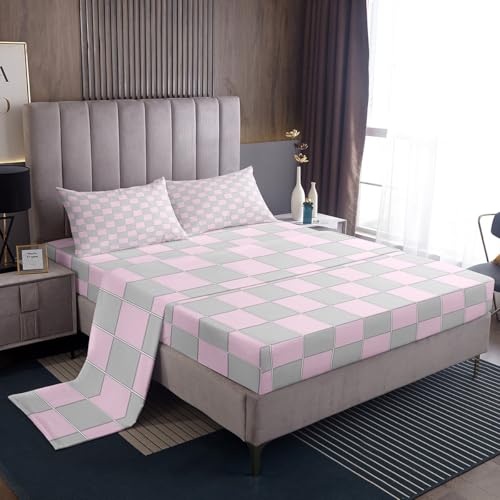 Image of Erosebridal Pink and Grey Plaid Sheet Set Full Cute Checkered Bed Sheets Geometric Grids Gingham Bedding for Kids Boys Girls,Soft Lightweight Bed Sheets Set 4 Piece