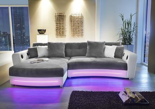 Multimedia Ecksofa B322/T190/H88 cm mit RGB-LED Beleuchtung, Soundsystem inkl. Bluetooth, USB, AUX-in, Couch spiegelverkehrt montierbar, Korpus in Kunstleder Weiß u. Bezug in Mikrofaser Grau / 15410 – Bild 7
