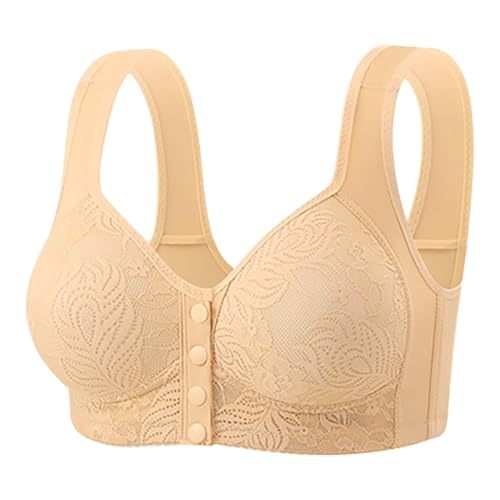 Uwdiohq Sujetador De Mujer En Algodón Transpirable Sujetadores Encaje para Mujer, con Cierre Frontal, Sin Aros, Cómodos, Mayores, Playa (Khaki, XL) Aros Tallas Grandes Comodos Push Up Deportivos