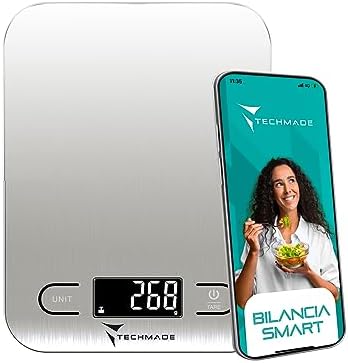 TECHMADE – Bilancia da Cucina Digitale | Sensori Alta Precisione | Display LED Luminoso | App con Calcolatrice Nutrizionale | Funzione Tara | Diario Alimentare, Silvet, Acciaio Inossidabile