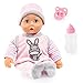 Bayer Design 93800AQ Puppe Sweet Baby, weicher Körper, schließt die Augen, mit Flasche und Schnuller, Eselmotiv, 38cm Rosa mit Esel