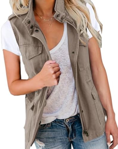 Imily Bela Damen Cargo Weste Ärmellos Übergangs Parka Jacke Kurz Mit Taschen und KordelzugFrühling Sommer Weste Oberbekleidung