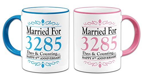 Pair of Married for.Days & Counting. Anniversary (9th Pottery) Novelty Gift Mugs - Blue & Pink