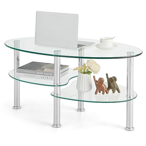 GOPLUS Table Basse en Verre Trempé à 3 Niveaux, Ovale, pour Le Salon, Bureau, Hôtel, Cadre Robuste en Métal et Pieds Antidérapants 89,5 x 50 x 45 CM