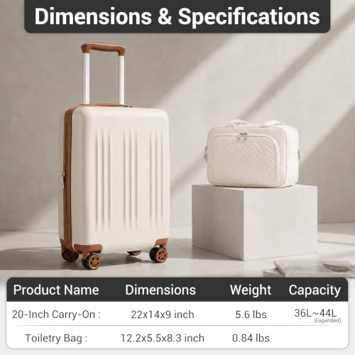 Image of Kono Carry On Luggage Sets 2 Piece, 20 Inch Expandable Hardshell Suitcase | 22x14x9 Airline Approved with Toiletry Bag, Lightweight PC+ABS, Spinner Wheels, TSA Lock, for 1-3 Days Trips, Cream White
