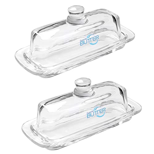 Gusnilo Glass Butter Dish with Lid,Classic Butter Transparent Tray for Countertop Butter Stick Keeper Tray With Lid And Handle Butter Keeper Dishwasher Safe(2PC)