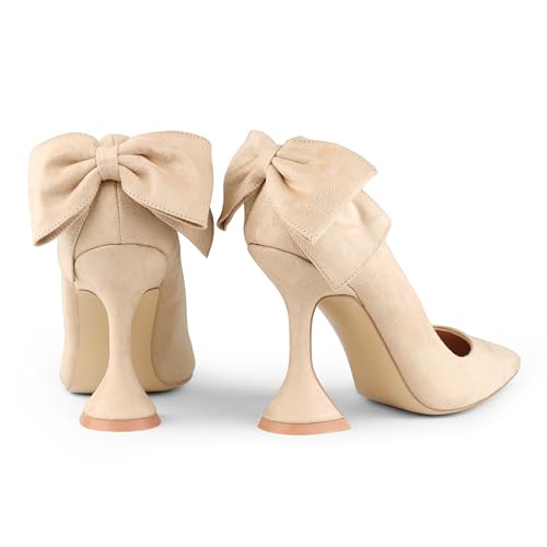 Image of Zzheels Women's Bow Heels Pointed Toe Chunky Pumps | Back Bow, Flare Heels, Block Heels, Bridal Wedding Shoes